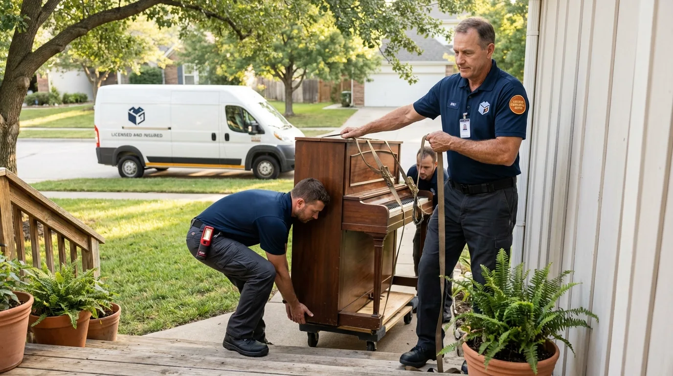 Licensed piano movers securing grand piano in Hebron, IL