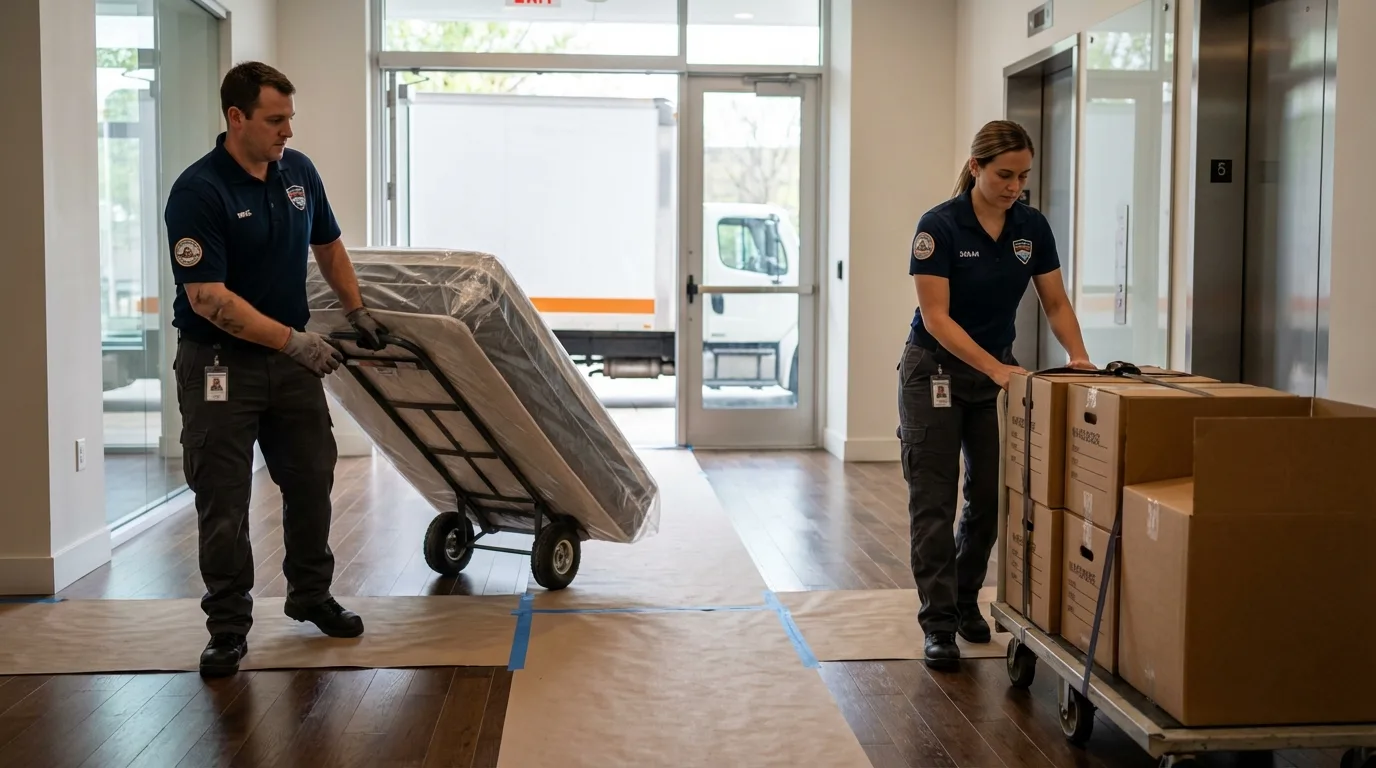 Professional apartment movers loading elevator in Hebron, IL