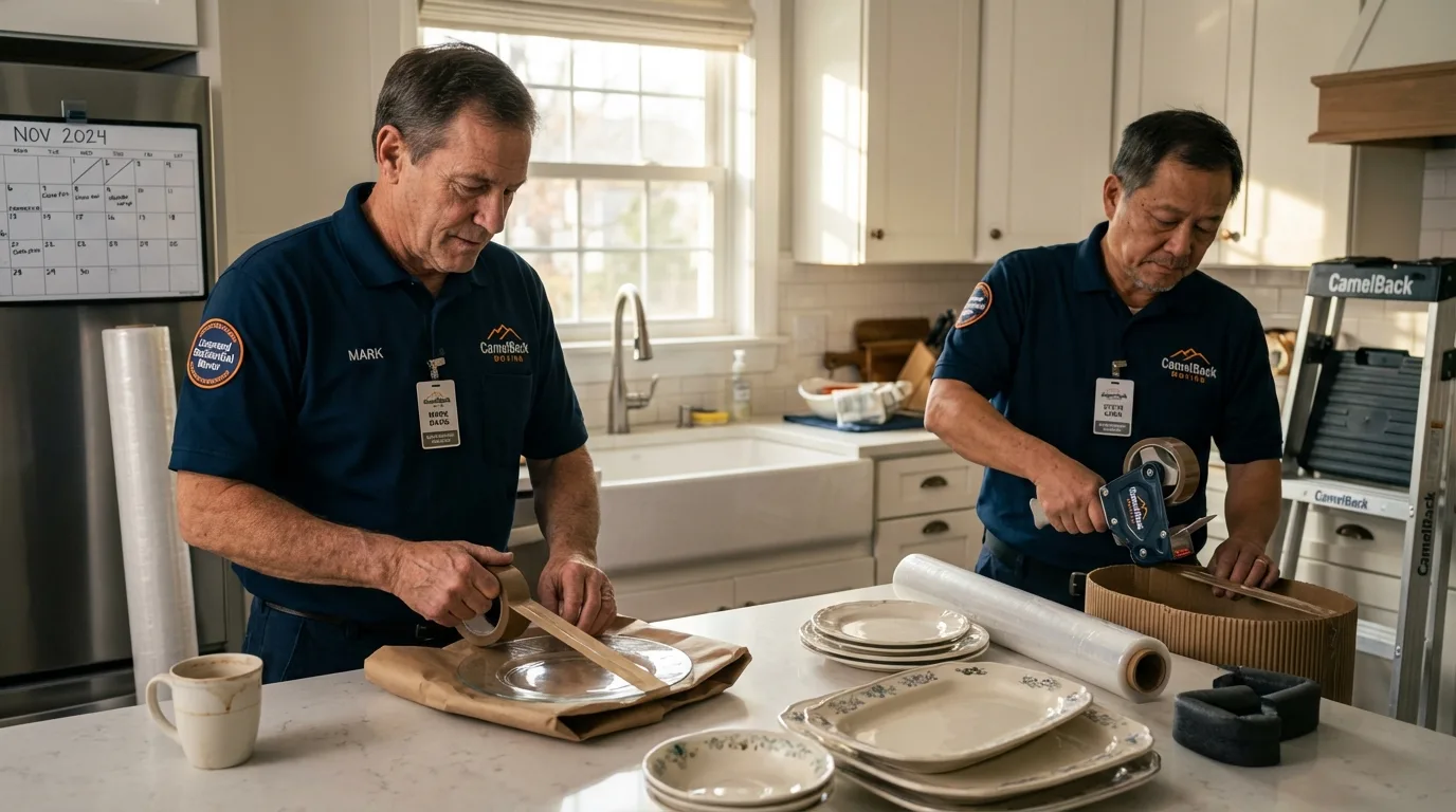 Professional crew packing kitchen dishware in Hebron, IL